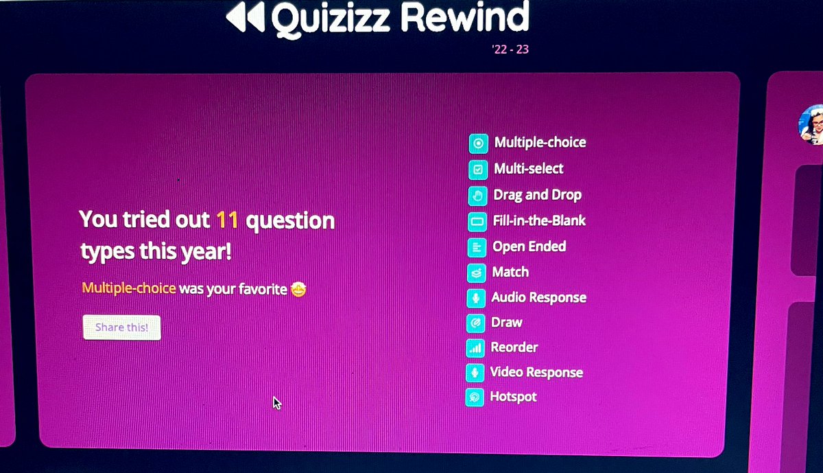 SaraYRodrigu3z's tweet photo. Thank you @quizizz for making my first year at my NEW district, campus, and classroom a successful one! I feel so privileged to have discovered this #TechApp that helped me grow my kiddos. I had so much fun looking through my #QuizizzRewind @KyleNiemis @HumbleISD @HumbleISD_GE https://t.co/adaDlWf9vi
