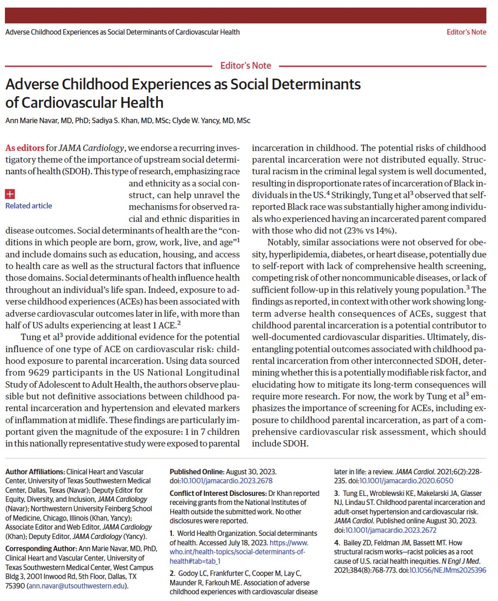 On point Editor's Note @JAMACardio by @AnnMarieNavar @HeartDocSadiya @NMHheartdoc about the role of childhood adverse experiences as social determinants of CV health jamanetwork.com/journals/jamac… (accompanying jamanetwork.com/journals/jamac…)