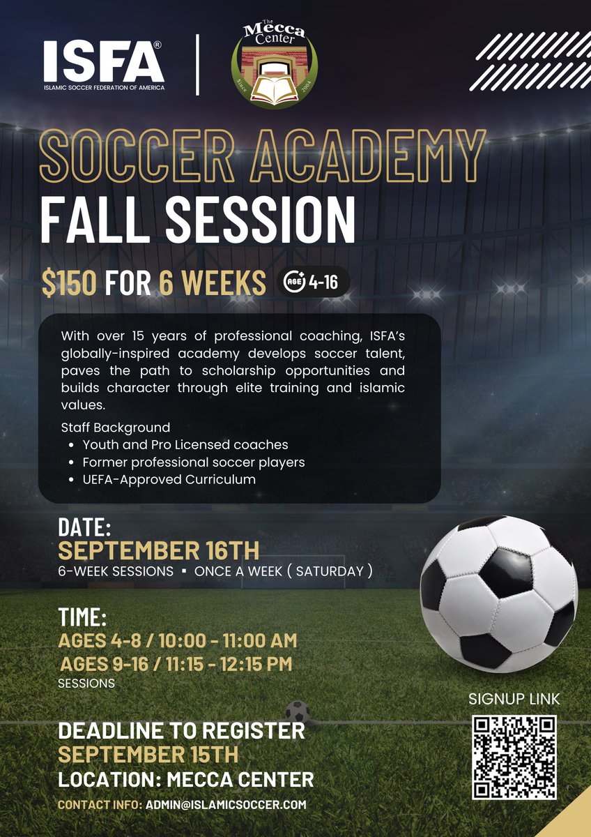 TheMeccaCenter's tweet image. With over 15 years of professional coaching, head coach Ayman’s globally-inspired, structured program paves your path to scholarship opportunities and beyond. Sign up now at meccacenter.org/events #fallsession #soccer #sports