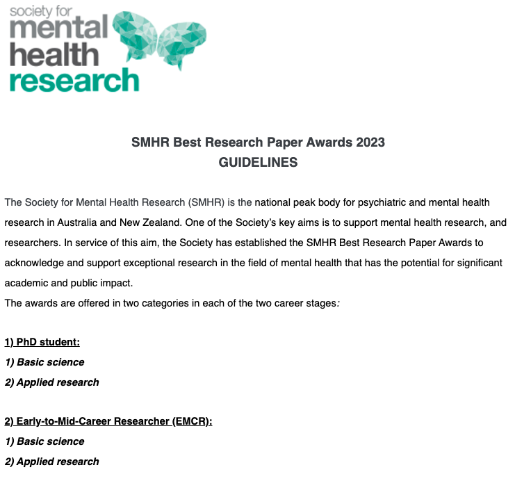 Caitlin Hitchcock (@_c_hitchcock) on Twitter photo Applications are open for the <a href="/SMHR/">SMHR</a> Best Paper Awards for PhD students and EMCRs. If you are in Australia/NZ and researching mental health, do consider applying - great for the CV but awardees also receive cash prizes and free conference registration!
melbourneuni.au1.qualtrics.com/jfe/form/SV_9o… Applications are open for the <a href="/SMHR/">SMHR</a> Best Paper Awards for PhD students and EMCRs. If you are in Australia/NZ and researching mental health, do consider applying - great for the CV but awardees also receive cash prizes and free conference registration!
melbourneuni.au1.qualtrics.com/jfe/form/SV_9o…