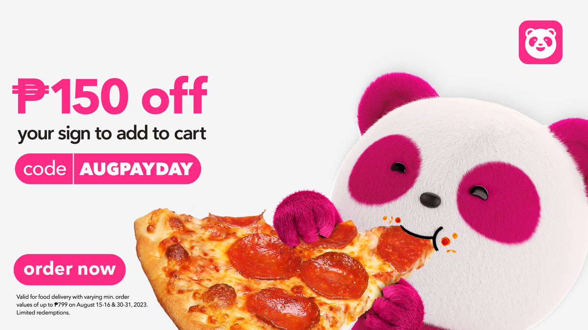 fpandacart's tweet photo. foodpanda vouchers today 🌸

AUGPAYDAY — ₱150 off | min ₱799
MERIENDA — ₱100 OFF | min ₱399 | 2-5 pm
DINNER — ₱120 OFF | min ₱499 | 6-9 pm
EATNA — ₱100 OFF | min ₱199
MI100 — ₱100 off on mang inasal | min ₱399

➡ more vouchers here: https://t.co/hwF2L5sone https://t.co/dl4axUI26U