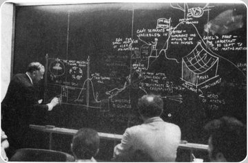 A Tale of Four Blackboards: 

Albert Einstein:  estimating the age of the universe

Niels Bohr:  final blackboard depicting quantum thought experiment called the Einstein Box

Richard Feynman:  final blackboard with inspiring words

John Wheeler:  thinking in pictures