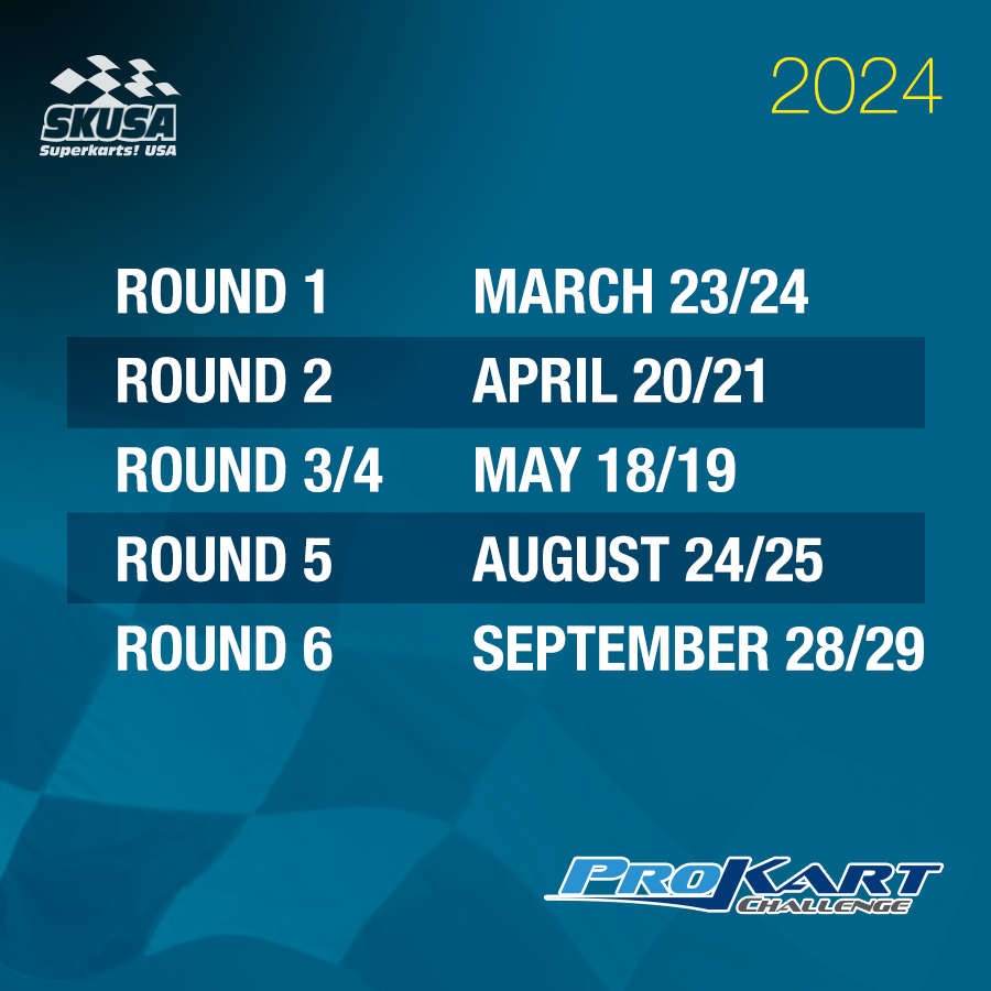 SuperKartsUSA's tweet photo. Attention #SKUSA California regional #kartracers, we're pleased to confirm our 2024 #prokartchallenge schedule. We're working on confirming a few exciting venues, so stay tuned for locations. 🏆 https://t.co/w0cBiovs3r