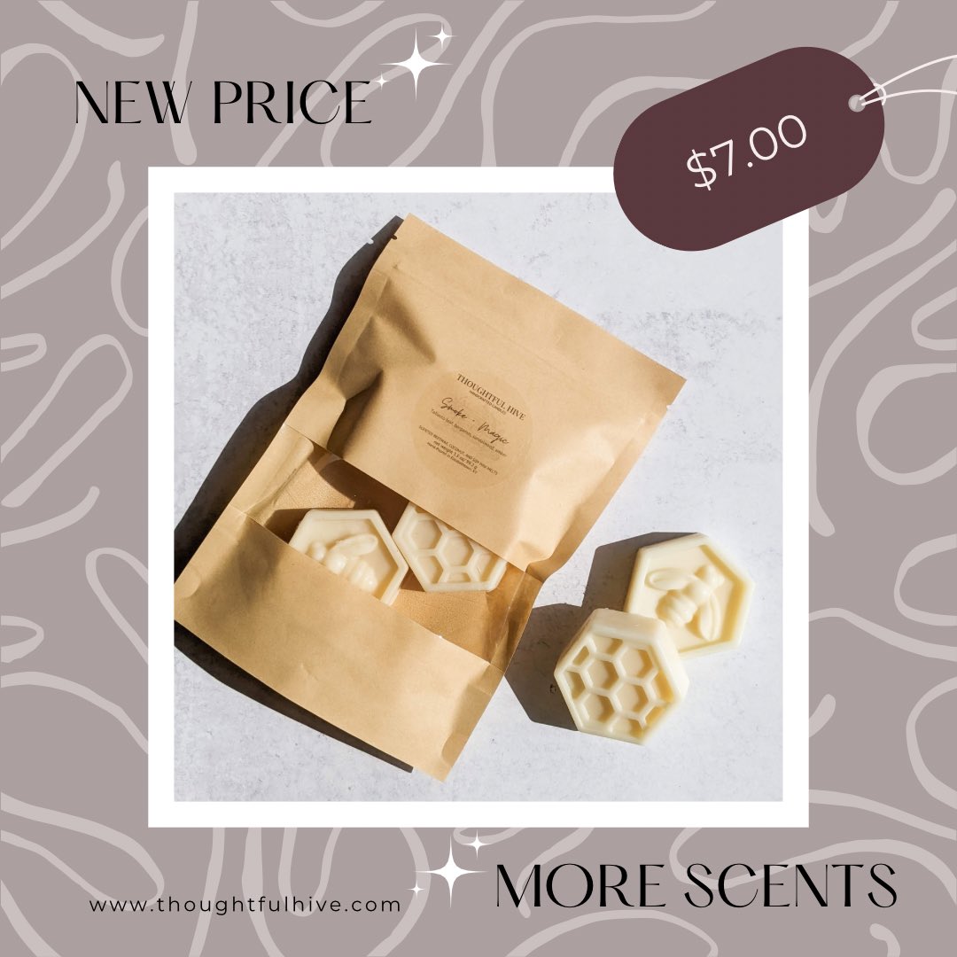 Just in case you missed the email 📧 Wax melts are now $7 always and in more clean and sophisticated scents ✨ 5 new scents available!

thoughtfulhive.com