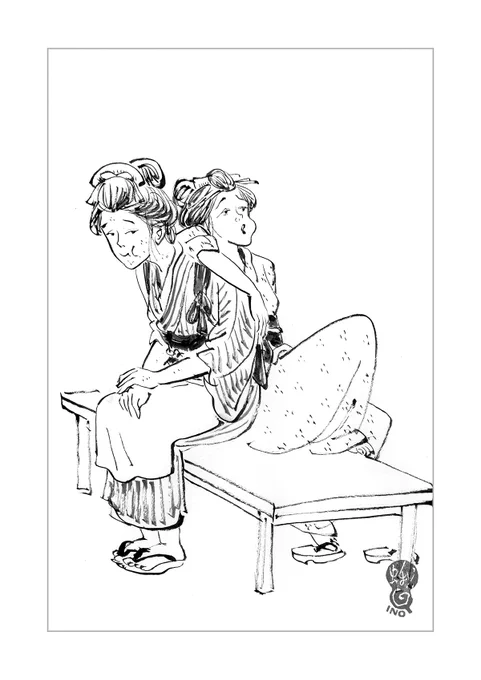 「小説宝石」で連載中、朝倉かすみさんの『けんぐぁい』第5回挿絵。顔のデッサンが狂っているように見えるのは、二人とも飴玉を口中に含んでいるせいです。 