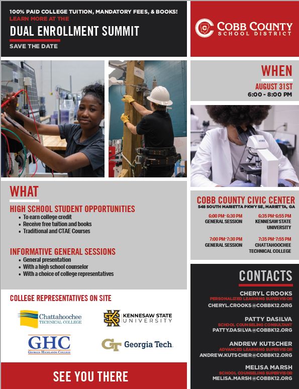 Join us tomorrow evening for the <a href="/CobbSchools/">Cobb County Schools</a> Dual Enrollment Summit! <a href="/CobbAvid/">CobbAVID</a> <a href="/CobbMagnets/">CCSDMagnetExperience</a> <a href="/KSUOwlNation/">Kennesaw State Owls</a> <a href="/GeorgiaTech/">Georgia Tech</a> <a href="/GaHighlands/">Ga Highlands College</a> <a href="/TCSG/">TCSG</a>