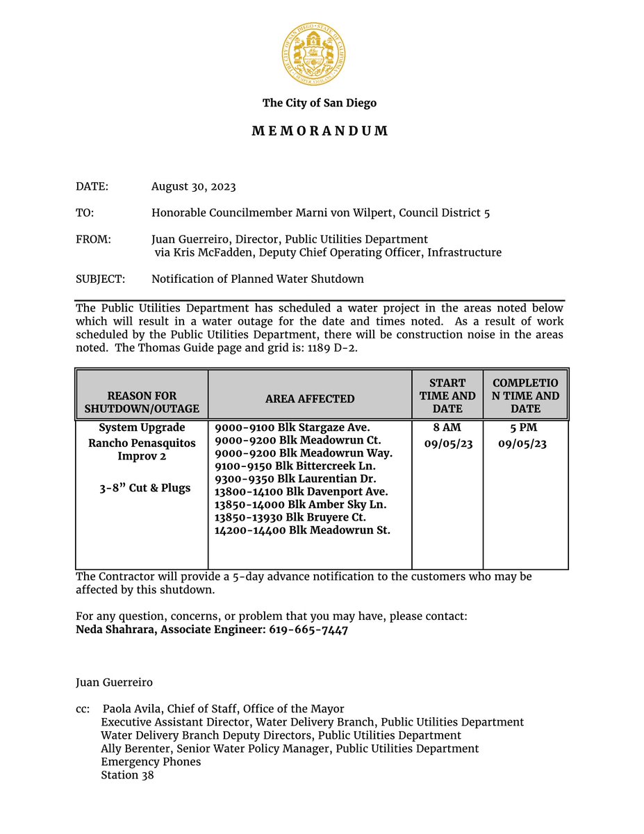 rpcouncil's tweet photo. PSA @RanchoPenasquitos Water Main Shut-Off for various streets in the Adobe Bluffs neighborhood, see attached.  Date Sep 05 2023 @marnivonwilpert https://t.co/fAYLNuMfQK