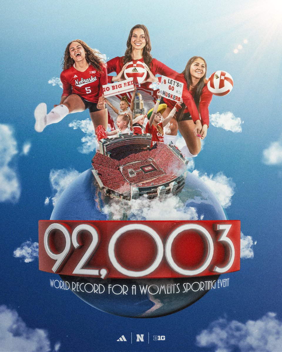 Husker Nation, you’ve done it. The WORLD RECORD for a Women’s Sporting Event lives in Lincoln. Today’s attendance: 9️⃣2️⃣,0️⃣0️⃣3️⃣ There is NO PLACE like Nebraska.