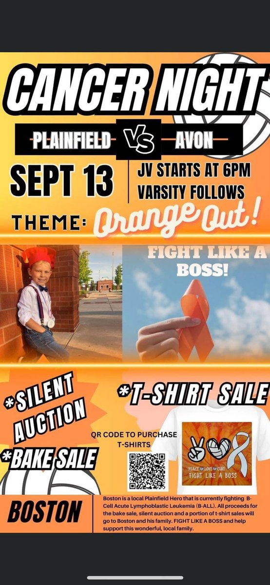 phsvolleygirls's tweet photo. 🧡🧡We are 2 weeks away from honoring and raising money for Fight Like A Boss!!! September 13, 6pm Plainfield High School. BE THERE!!! Let’s PACK the gym and rally around this little hero!! 🧡🧡
T-shirt deadline is 9-3-23…get those orders in. https://t.co/z4EH4dtFhj