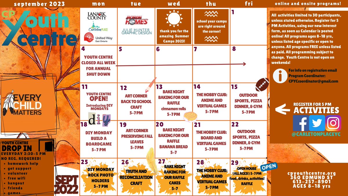 CarletonPlaceYC's tweet image. Back to school means back to Youth Centre fun! Check out our Sept '23 Calendar to kick off the year with a variety of free activities. Register today and download a copy on the interest form: bit.ly/sept23interest…
The Place to Go After School! cpyouthcentre.org