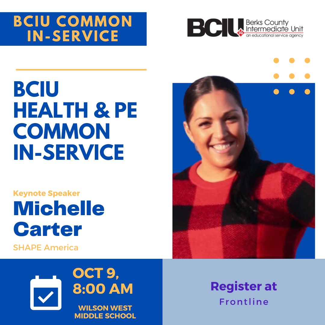 🚨 BIG ANNOUNCEMENT #2 🚨 Did you hear the news?? We are beyond excited to announce <a href="/HPEmichelle/">Michelle Carter</a> as this year’s keynote speaker at the BCIU health &amp; PE common in-service on October! Be sure to register on frontline - this is a free PD for all Berks teachers! #HPE <a href="/SHAPE_PA/">SHAPE PA</a>