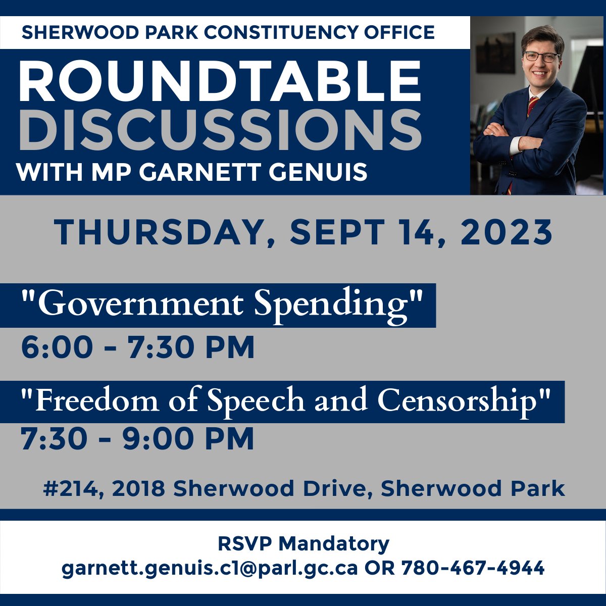 GarnettGenuis's tweet image. Next week, I will be hosting a series of round tables to get your feedback on key issues, from foreign interference to freedom of speech.
Space is limited; RSVP mandatory at garnett.genuis.c1@parl.gc.ca or call 780-467-4944. See you there! #shpk #fortsask #strathco