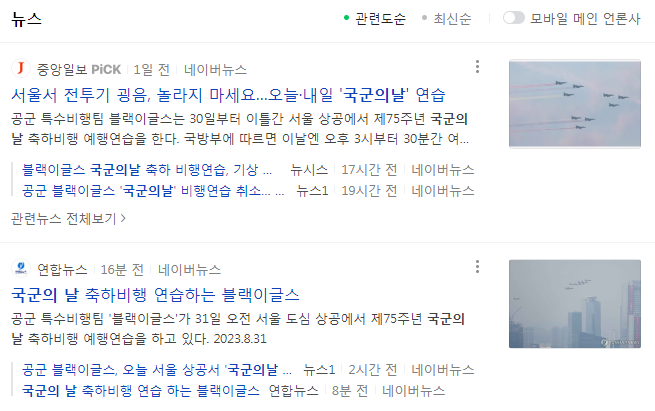 전투기 소리 나는거 블랙이글 국군의날 기념 예행연습이라함