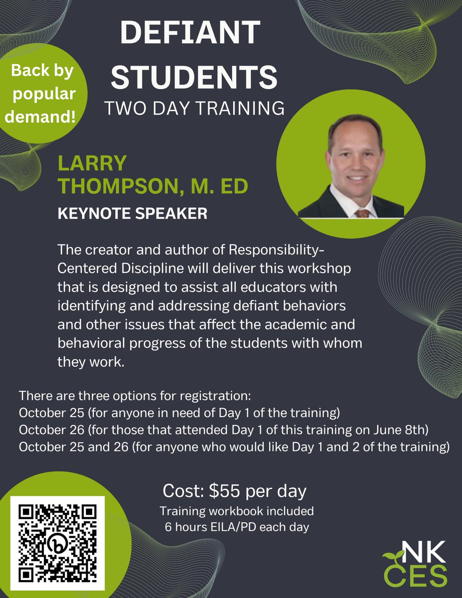 Calling all educators passionate about creating positive classroom environments! Join Larry Thompson, creator &amp; author of Responsibility-Centered Discipline, for 2 days of Defiant Student Training. Check out the dates below &amp; register at events.r20.constantcontact.com/register/event…
#ConnectGrowServe
