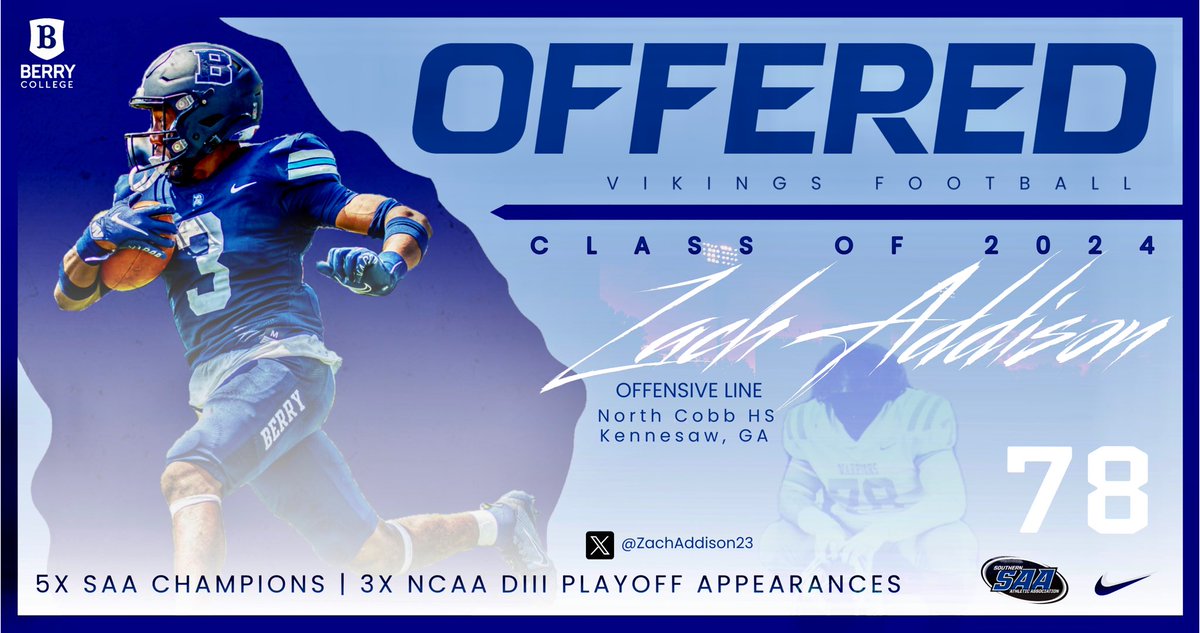 Zachary Addison (@zachaddison23) on Twitter photo #AGTG After a great conversation with <a href="/BCCoachK/">Tony Kunczewski</a> and <a href="/CoachJohnSikora/">John Sikora</a> I am blessed to receive an offer from Berry College #GoVikings
<a href="/NCHSrecruit/">North Cobb HS Recruiting</a> <a href="/NCWarriorsFB/">North Cobb Warriors Football</a> <a href="/northcobbOLine/">NC Warriors OL</a> <a href="/Velocity_FB/">Velocity Football Academy™</a> <a href="/Velocity_LS/">Luke Schultheiss</a> @TQueen_15 #AGTG After a great conversation with <a href="/BCCoachK/">Tony Kunczewski</a> and <a href="/CoachJohnSikora/">John Sikora</a> I am blessed to receive an offer from Berry College #GoVikings
<a href="/NCHSrecruit/">North Cobb HS Recruiting</a> <a href="/NCWarriorsFB/">North Cobb Warriors Football</a> <a href="/northcobbOLine/">NC Warriors OL</a> <a href="/Velocity_FB/">Velocity Football Academy™</a> <a href="/Velocity_LS/">Luke Schultheiss</a> @TQueen_15