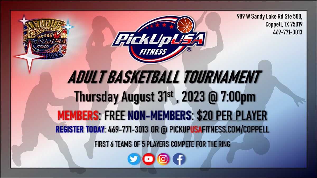 pickupusaDFW's tweet photo. Bring your 5 and play for the prize..Is your game RING worthy? Spaces are limited; sign-up today! @pickupusa_coppelltx #basketballtournament #basketball #mensbasketball #competition #champion #dfwsports #dfwhoops #dfw #dallas #coppell #abetterwaytoplay https://t.co/YWVjN7dVVK