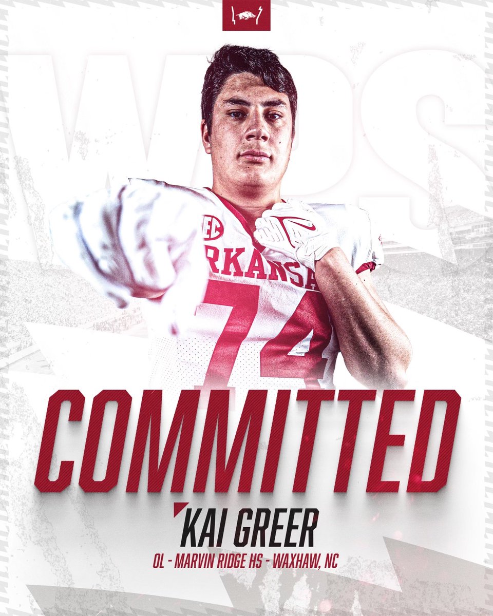I am excited to announce that I am committing to the University of Arkansas! I’d like to thank my family, <a href="/CoachLeggett78/">Coach Leggett</a>, and Coach Carter for believing in me and helping me reach my goals.
<a href="/CoachSamPittman/">Coach Sam Pittman</a>  <a href="/CoachCKennedy/">Cody Kennedy</a>  @RivalsFriedman  <a href="/RazorbackFB/">Arkansas Razorback Football</a> <a href="/BrianDohn247/">BrianDohn247</a>
