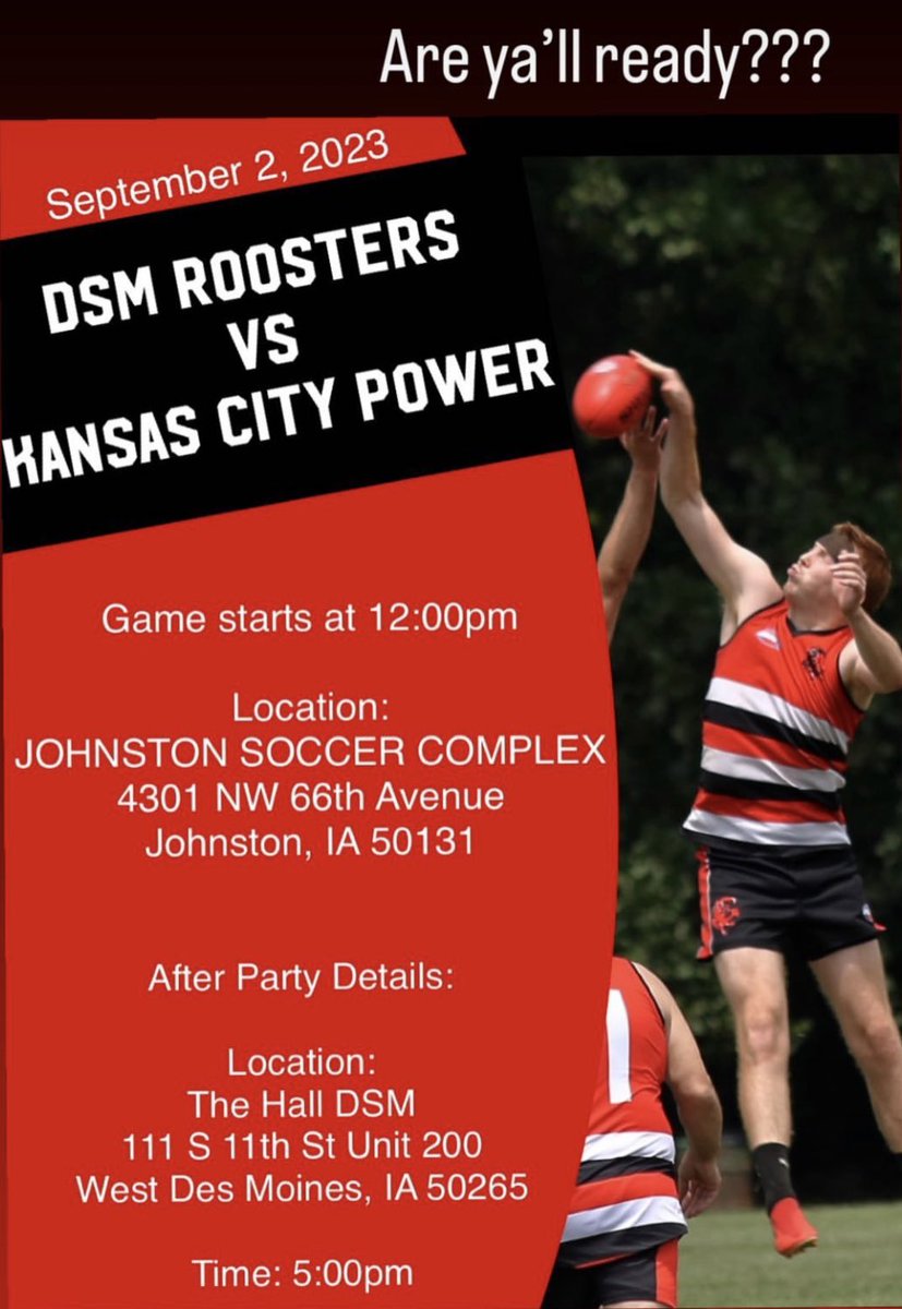 DMRoostersfooty's tweet photo. Game week rooster nation! The boys lock horns with our southern neighbors the @kcpowerfootball! If you can make it would love to see you there! If you can’t keep it here for all the updates on the action! #DMARFC #Roostersfooty #RoostersvPower https://t.co/B9ZpcTaWcE