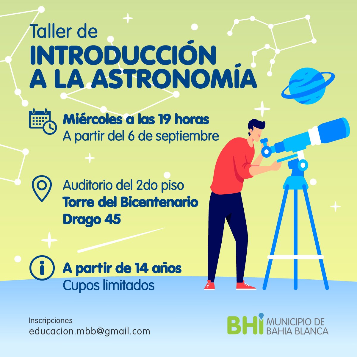 astronomiabahia's tweet photo. TERCERA EDICIÓN DEL TALLER GRATUITO DE INTRODUCCIÓN A LA ASTRONOMÍA
A partir de 14 años de edad. Cupos limitados. Comienza el miércoles 6 de septiembre.
Más información en el enlace: https://t.co/vGXbTWEBKX #BahíaBlanca https://t.co/Yd3N4CpMJi