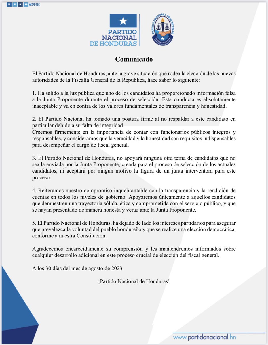 Mantenemos los acuerdos patrióticos en la defensa del Estado de Derecho, asumidos con los partidos Liberal y Salvador de Honduras. 

#LuchamosPorHonduras