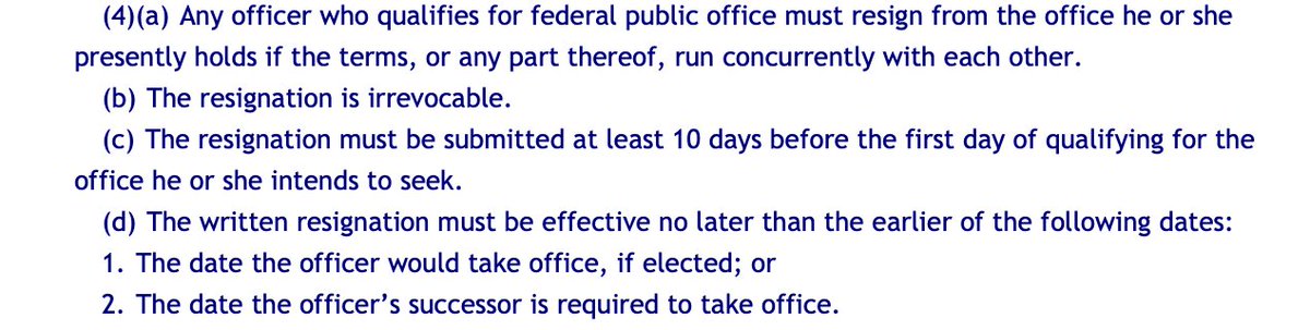 RobertLutherFL's tweet photo. #ResignToRun has popped it's head up again
the old law...
section 4 talks about federal office
section 4(d) states..
the effective date of the resignation has to the date you would take office IF ELECTED