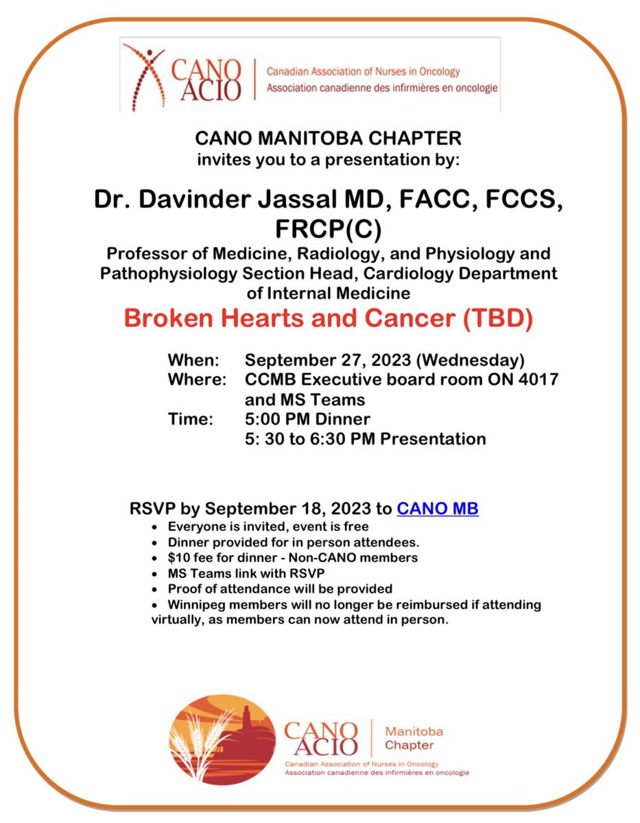 CANO_ACIO_MB's tweet photo. Join us in person or via MS Teams, on Sept. 27, for a very special presentation:

“Broken Hearts and Cancer” with Dr. Davinder Jassal 
#Oncology #OncologyNursing #healthcare #nursing @CANO_ACIO @CancerCareMB @SharedHealthMB https://t.co/gWJ5miMr0F