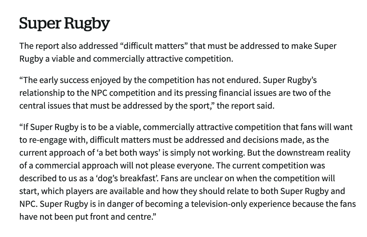 Independent review finds NZR governance and recruitment process not-fit-for-purpose, that Super Rugby's early success has not endured, it's a "dog's breakfast".

FYI @RugbyAU, let's find our own way.

nzherald.co.nz/sport/new-zeal…
