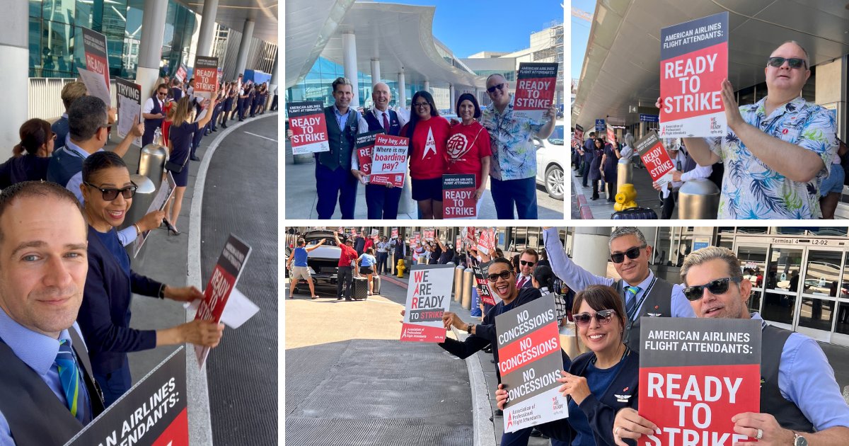 American Airlines Flight Attendants (@APFAUnity) held informational picketing today to announce strike authorization vote results—99.47% voted yes! Alaska Flight Attendants joined the picket line in solidarity. When we fight together, we win together! #1u #SolidaritySummer