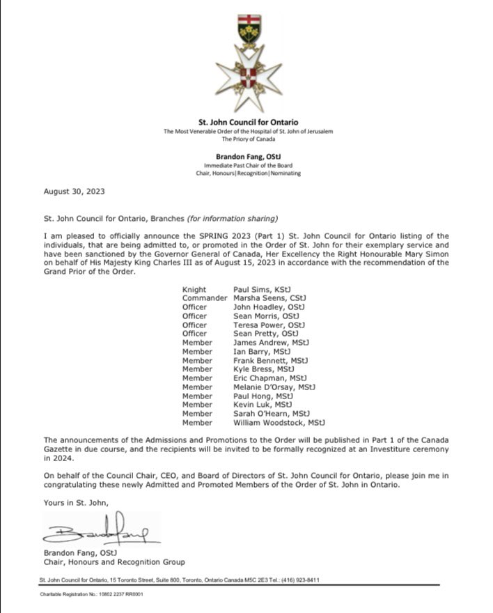 Congratulations to all <a href="/SJAOntario/">St.John Ambulance ON</a> recipients on their honours.

A special “Thanks” all our <a href="/SJA_in_Niagara/">SJA Niagara</a> / <a href="/SJANiagaraMFR/">SJA Niagara MFR</a> recipients for your continued service to <a href="/NiagaraRegion/">Niagara Region</a>  &amp; <a href="/SJA_Canada/">SJA Canada</a> 🙏🏼🫡👍🏼

Sean Morris, OStJ
John Hoadley, OStJ
Ian Barry, MStJ
Eric Chapman, MStJ