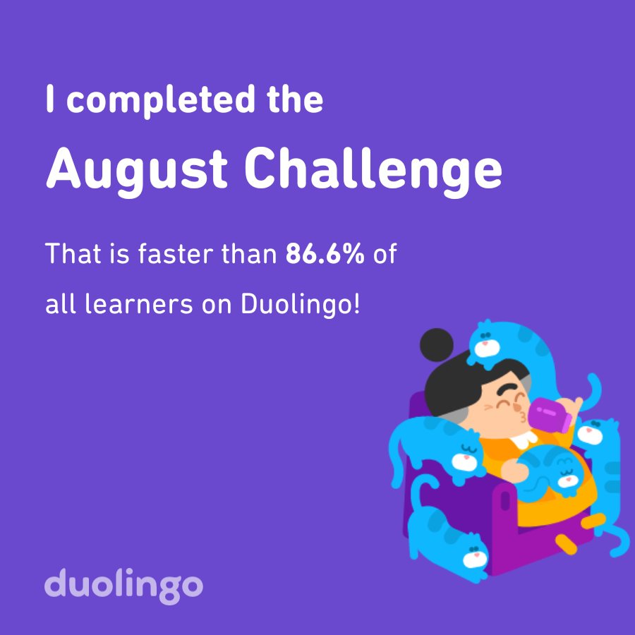 I completed the August challenge faster than 86.6% of all learners on Duolingo!
