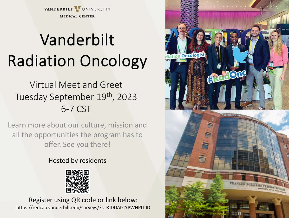 We are excited to host our virtual meet and greet session for radiation oncology applicants this year. Please register to join us and hear all the exciting elements that make our program special! 

Register here: redcap.vanderbilt.edu/surveys/?s=RJD…
Website: vumc.org/radiation-onco…