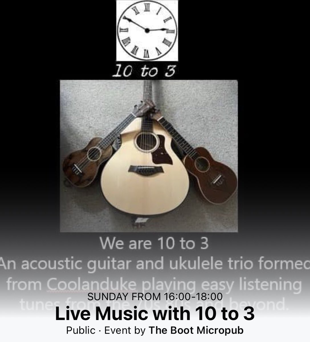 TheBootWelly's tweet photo. This coming Sunday we’re joined by 10 to 3. An acoustic guitar and ukulele trio formed from Coolanduke, playing easy listening tunes from the 70s, 80s and beyond. Sounds great! Sunday 3rd September from 4-6pm 🎶

#livemusic #wellington #telford #coolanduke #10to3 #ukulele https://t.co/6IDu18Ay9w