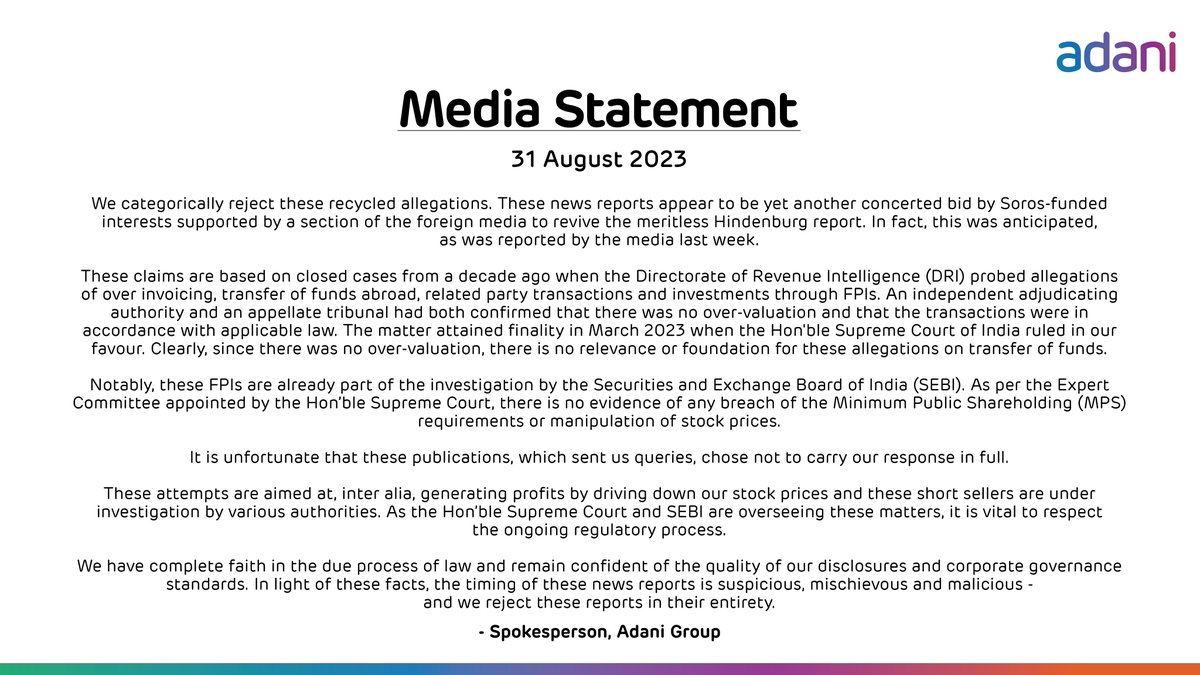 AdaniOnline's tweet photo. Media statement on a report published by OCCRP. https://t.co/O9Z5xyQ7KT