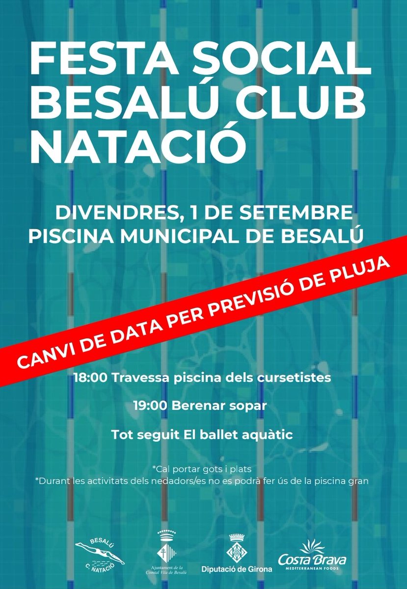 📢 Atenció‼️ Degut a la previsió de pluja, la Festa Social del @BesaluCnatacio passa al divendres 1. 🖤🏊💚@Aj_Besalu @lluisguino @Joan_Puigdevall @mbusquets80 @NoraReixach @_tinacu @BlanchGoretti @paula_torrent @JoanSerraS @lagartijo_80 @pitre1977