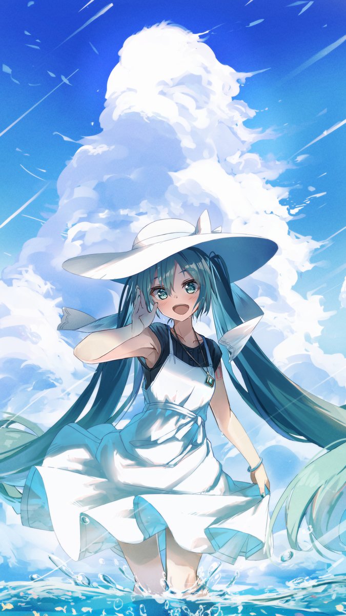 hatsune miku 1girl hat solo dress long hair wading twintails  illustration images