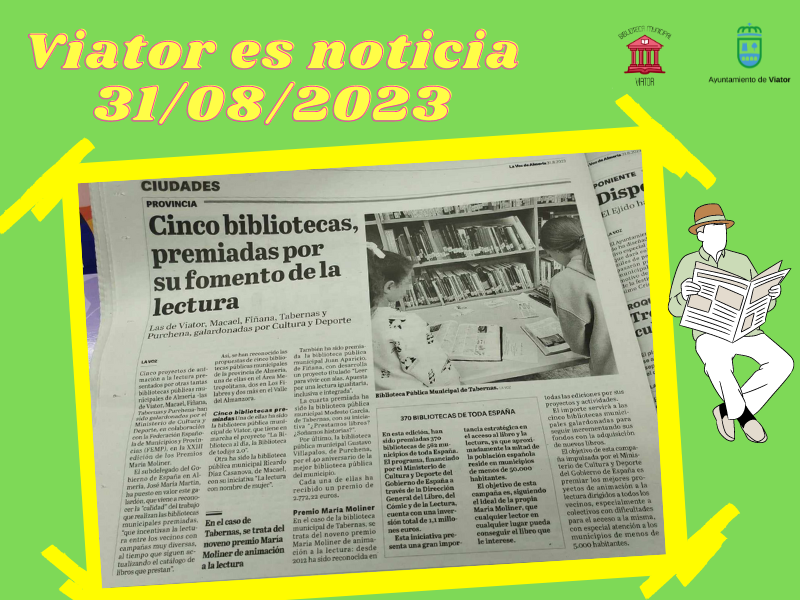 👌👌 Acabamos agosto volviendo a ser noticia en la prensa local 🏝️🏝️

🗞️📰 Hoy el diario la Voz de Almería se hace eco de nuestro premio María Moliner con el proyecto “La biblioteca al día, la biblioteca de tod@s 2.0” 📗📘

📚📖

<a href="/ManuelJAlcalde/">Manuel Jesús</a> 
<a href="/culturaviator/">CulturaViator</a> 
<a href="/viatoraldia/">Ayuntamiento de Viator</a>