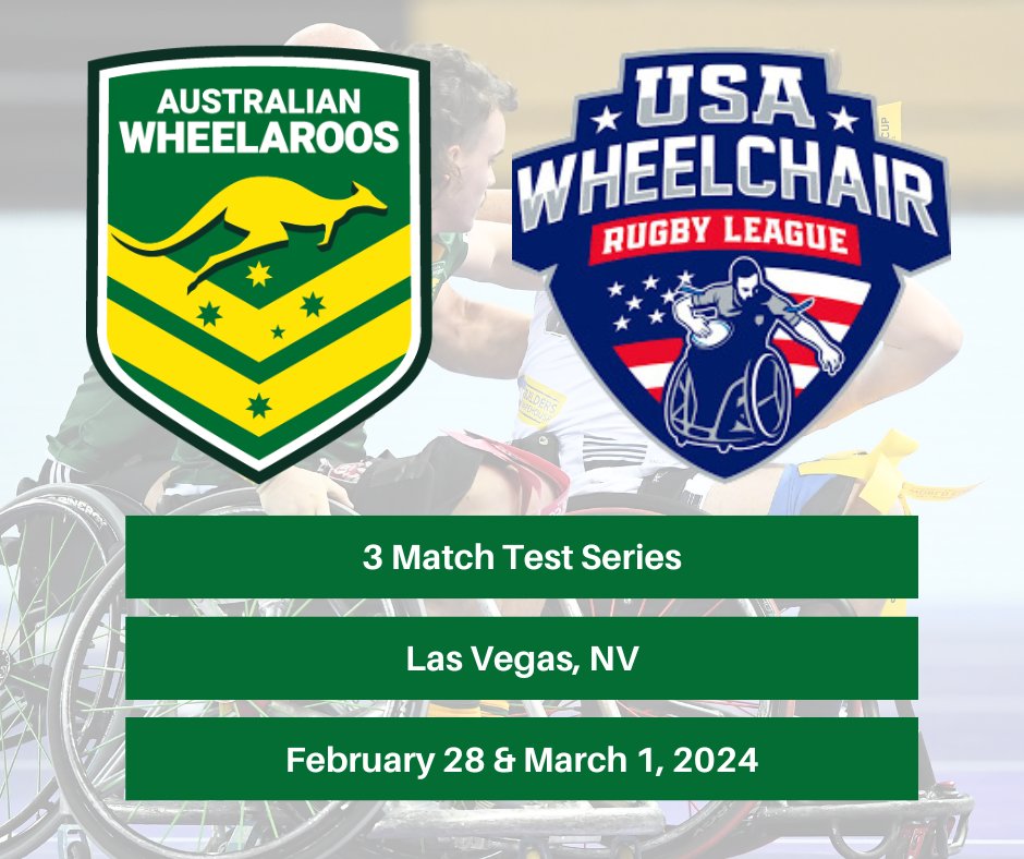 nrlwheelchair's tweet image. Media Release:  USA Wheelchair Rugby League and the Australian Wheelaroos team plan to make history together in a three match test series held in Las Vegas on Wednesday 28 February and Friday 1 March 2024. See media release for more: nrlwheelchair.com.au/usa-wheelchair…