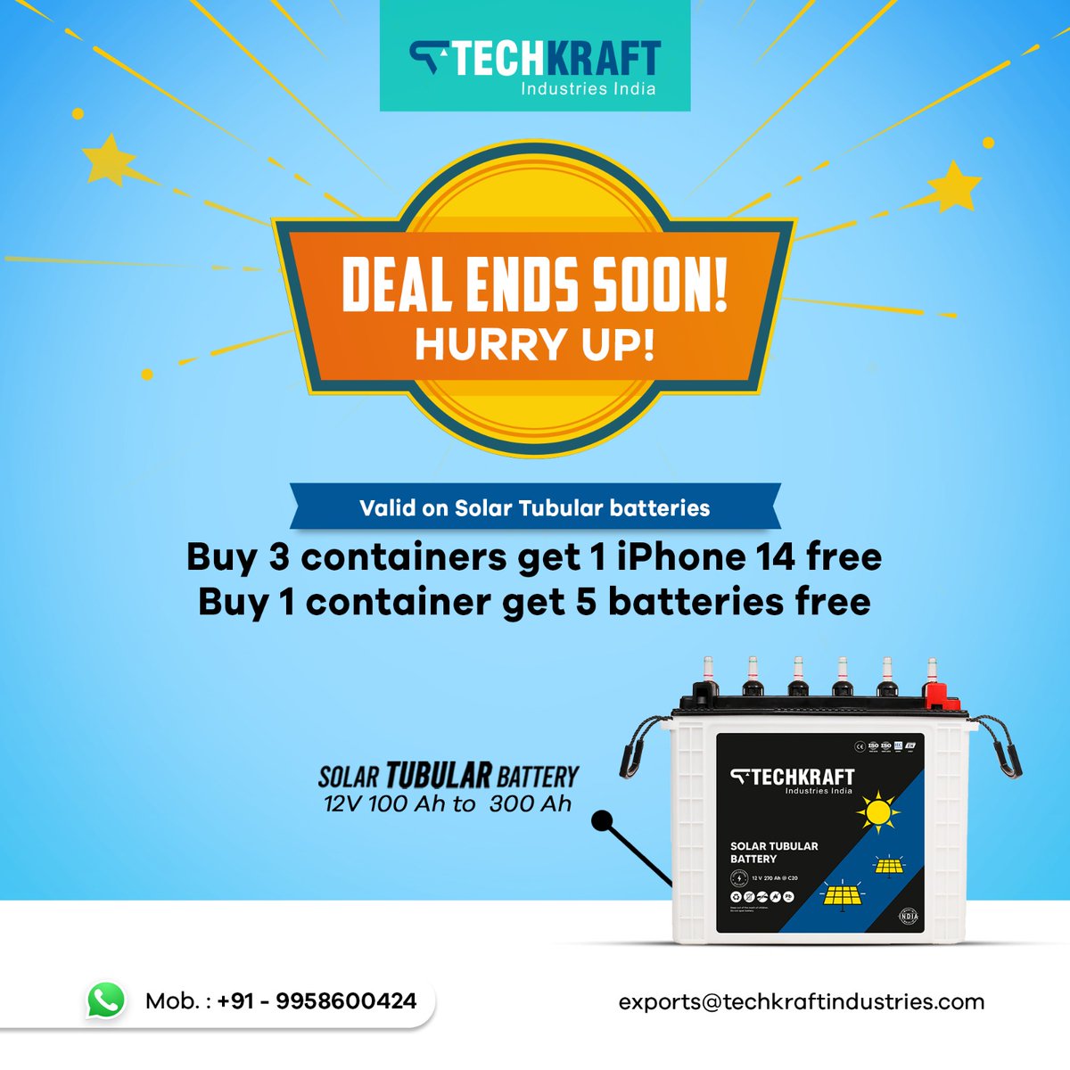 Hurry Up! Get your order booked now! -get an iphone 14 for free on purchase of 3 full containers of solar tubular batteries and 5 extra batteries for free on purchase of 1 full container. . . #techkraftbatteries #Battery #batterypower #batterystorage #batterymanufacturer