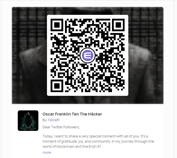 toka2204's tweet photo. Dear Twitter Followers,

Today, I want to share a very special moment with all of you. It's a moment of gratitude, joy, and community. In my journey through the world of blockchain and the Enjin Efinity universe, I have made an extraordinary discovery.

I am excited to proudly announce that I have brought a masterpiece onto the blockchain for @OscarFranklnTan  This creation is not only a work of art but also a symbol of our connection and shared interest in technology and innovation.

There are a total of 601 unique copies of this masterpiece, and I want to express my appreciation for your support by distributing 500 of them through the free Beam platform. It's my way of thanking you for your loyalty and interest, as this journey would not have been possible without you.

Let's continue to explore the boundaries of blockchain together, drive innovation forward, and experience exciting adventures in the Enjin Efinity universe. Your support gives me the energy and motivation to keep moving forward.

From the heart, 
Tokra81
#Enjin #Efinity #Blockchain #Beam
