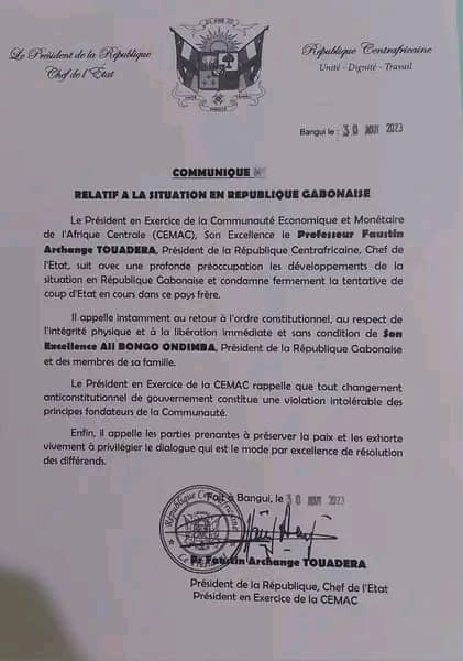 Le Président en exercice de la CEMAC a réagi sur la situation de coup d'Etat au Gabon