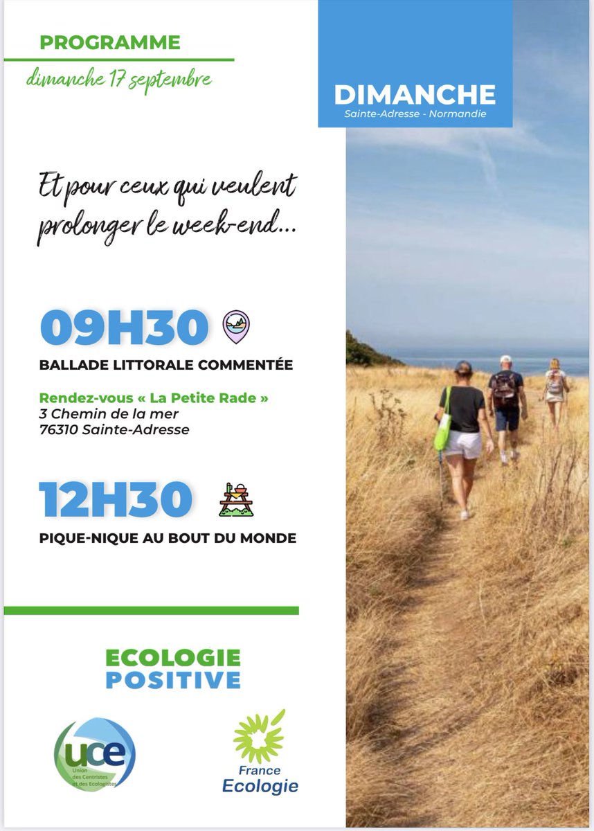 nelwask's tweet photo. Les 16 et 17/09, 3 partis écologistes font leur rentrée politique à #SaintAdresse en Normandie sous le signe d’une écologie positive, constructive et réaliste. 
Venez nombreux ! 

#franceecologie, 
#UCE @cmadrolle 
#ecologiepositive  #ecologieaucentre

https://t.co/viFV3DcDfR https://t.co/xy89tSyQFj