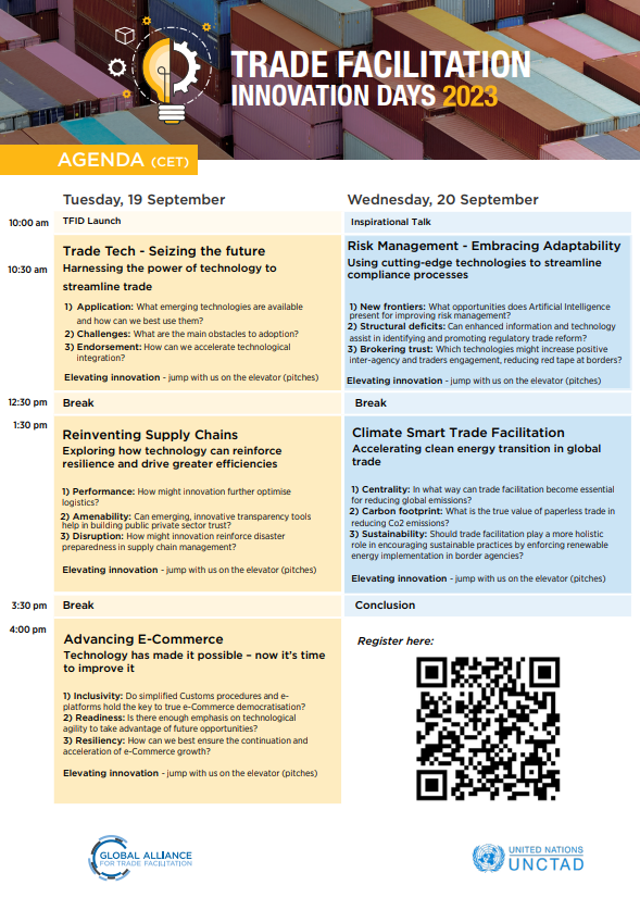 Keen on learning what are the new trends in trade facilitation? 👾 🚀 🤖 

Don't miss out the Trade Facilitation Innovation Days organized by <a href="/UNCTAD/">UN Trade and Development</a> and <a href="/GATFnews/">Global Alliance for Trade Facilitation</a> 

Join from any place in the world!

Explore the agenda and register here: lnkd.in/ekHj6S_J