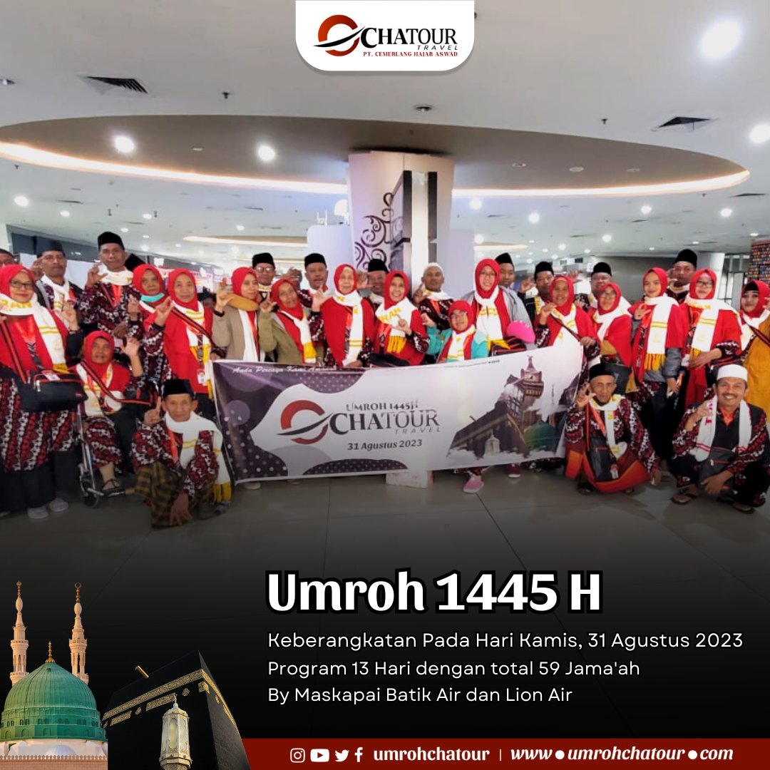 umrohchatour's tweet photo. Keberangkatan Jama'ah Umroh Chatour Travel pada Hari Kamis, 31 Agustus 2023 program 13 Hari dengan total 59 Jama'ah by Maskapai Batik Air dan Lion Air.

#chatourtravel #chatourtravelsurabaya #panglimagroup #CerdasHematAmanah https://t.co/6ncLNLJQhK