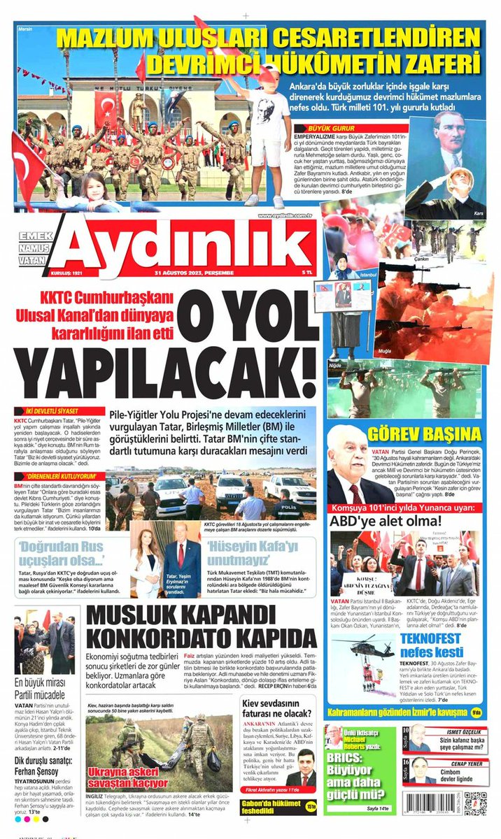 ogdenizli's tweet photo. 📌 KKTC Cumhurbaşkanı Ulusal Kanal'da dünyaya kararlılığını ilan etti: O YOL YAPILACAK!

➡️ MAZLUM ULUSLARI CESARETLENDİREN DEVRİMCİ HÜKUMETİN ZAFERİ

Aydınlık gazetesi| 31 Ağustos 2023 | #Perşembe https://t.co/m0orSbvmY4