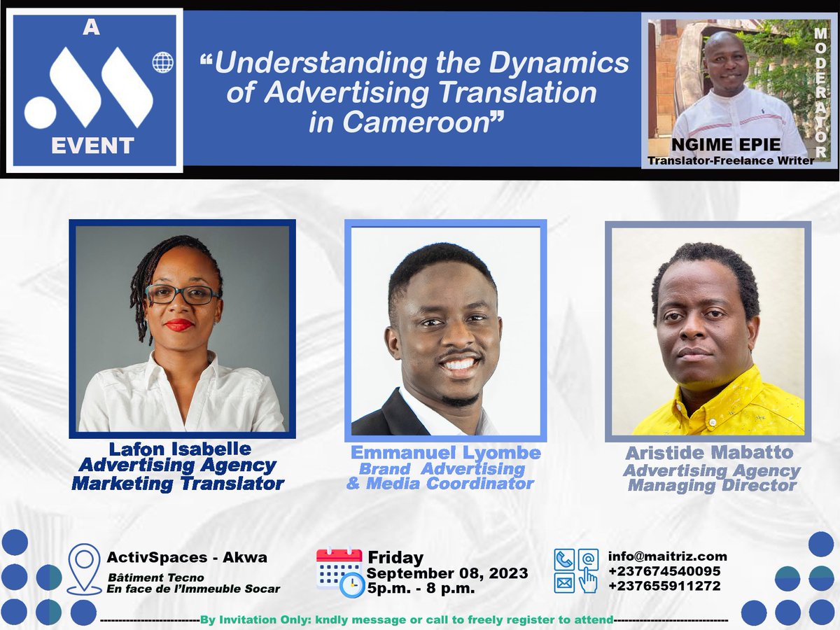 MaitrizLSP's tweet photo. The first is a panel discussion on “Understanding the Dynamics of Advertising Translation In Cameroon.”

Moderated by a freelance journalist- translator and panelled by an advertising agency marketing translator, a brand advertising &amp; media coordinator for a leading telco &amp; https://t.co/Grc8QHKX5O
