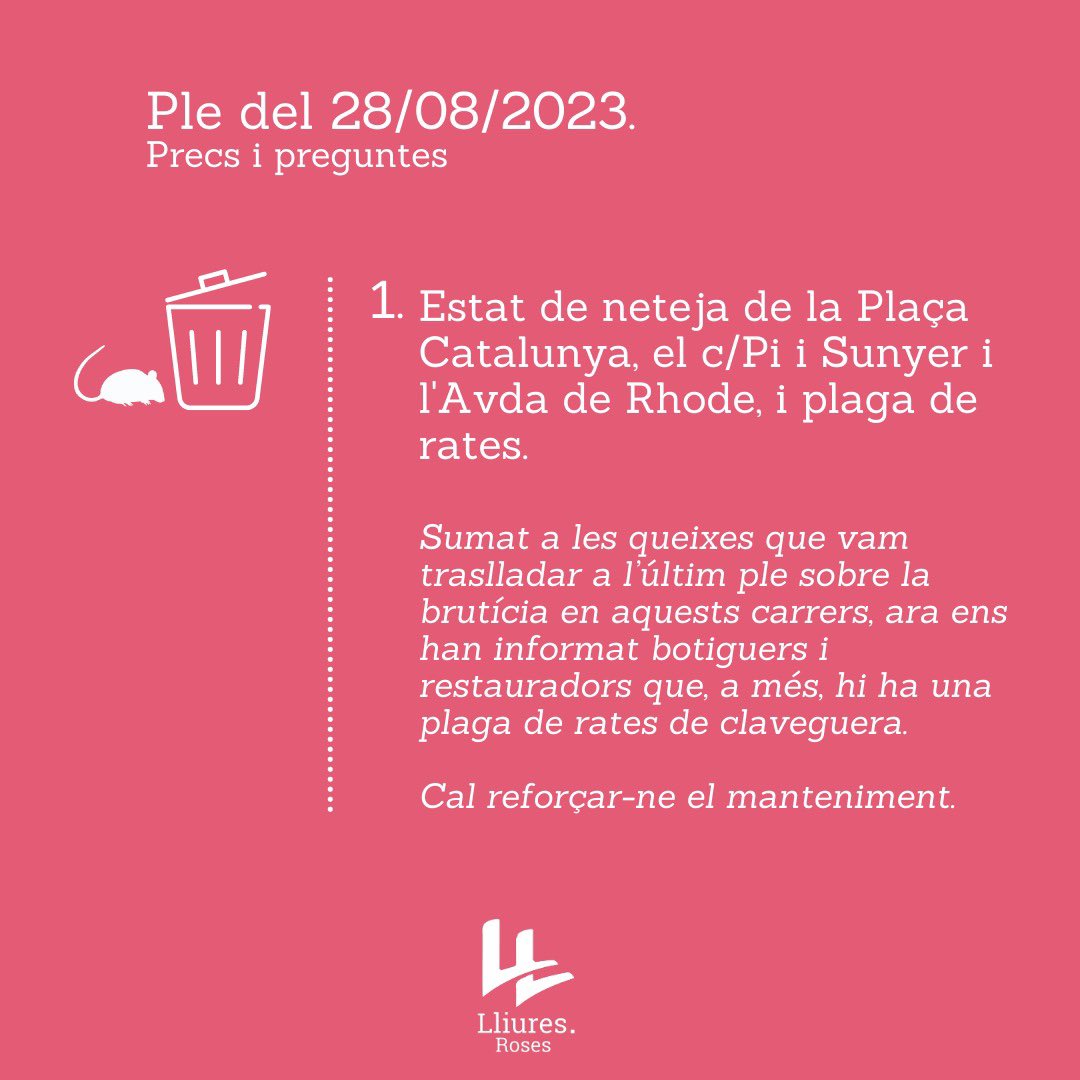 LliuresRoses's tweet photo. ℹ️ Ple del 28/08/2023

Compartim amb vosaltres els precs i preguntes que vam fer arribar el dilluns al govern, en el ple celebrat a l'Ajuntament. Es tracta de qüestions que preocupen als rosincs, temes que vosaltres mateixos ens heu fet arribar. 

@PGotanegra 
@IGascon85 https://t.co/IvRMEFGf2Z