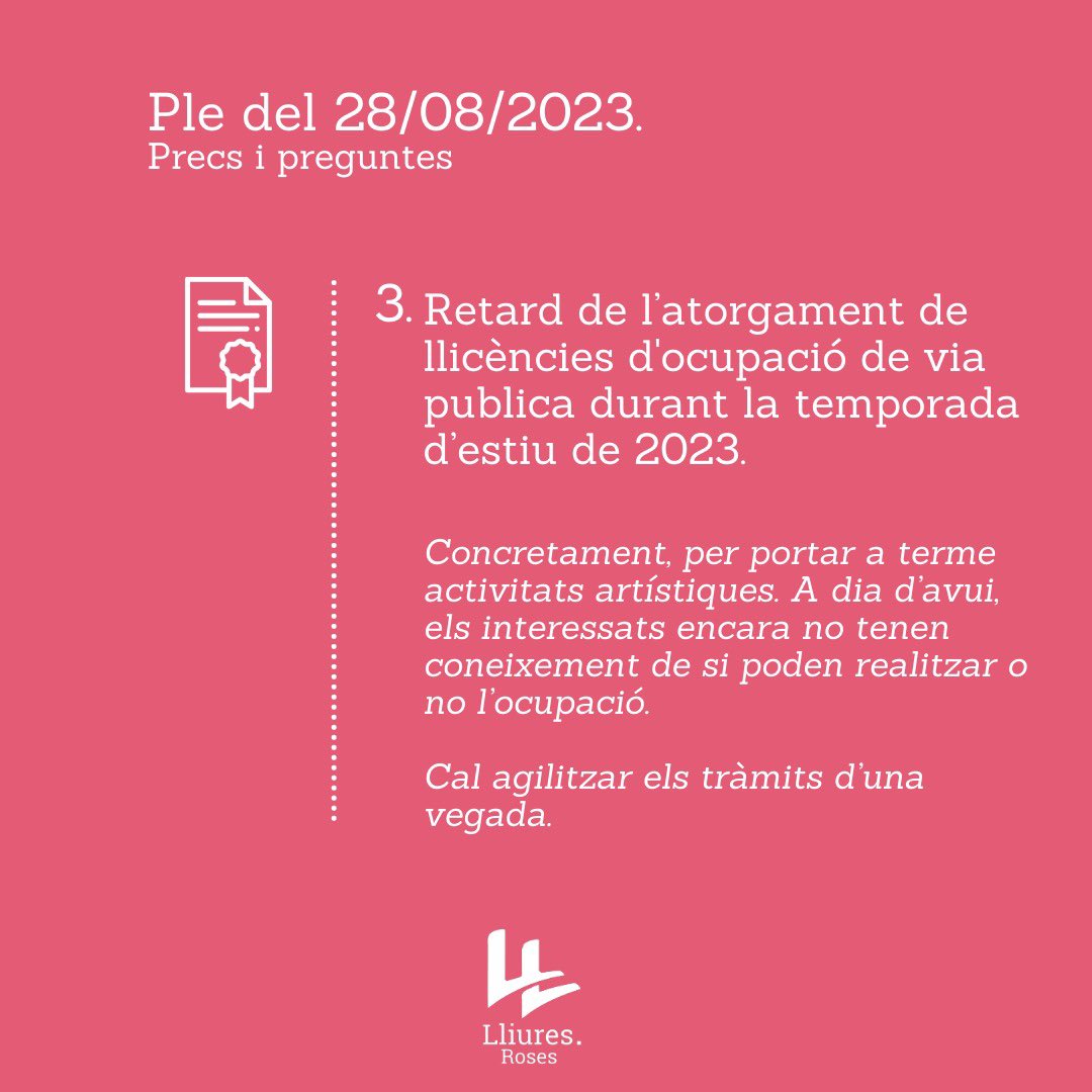 LliuresRoses's tweet photo. ℹ️ Ple del 28/08/2023

Compartim amb vosaltres els precs i preguntes que vam fer arribar el dilluns al govern, en el ple celebrat a l'Ajuntament. Es tracta de qüestions que preocupen als rosincs, temes que vosaltres mateixos ens heu fet arribar. 

@PGotanegra 
@IGascon85 https://t.co/IvRMEFGf2Z