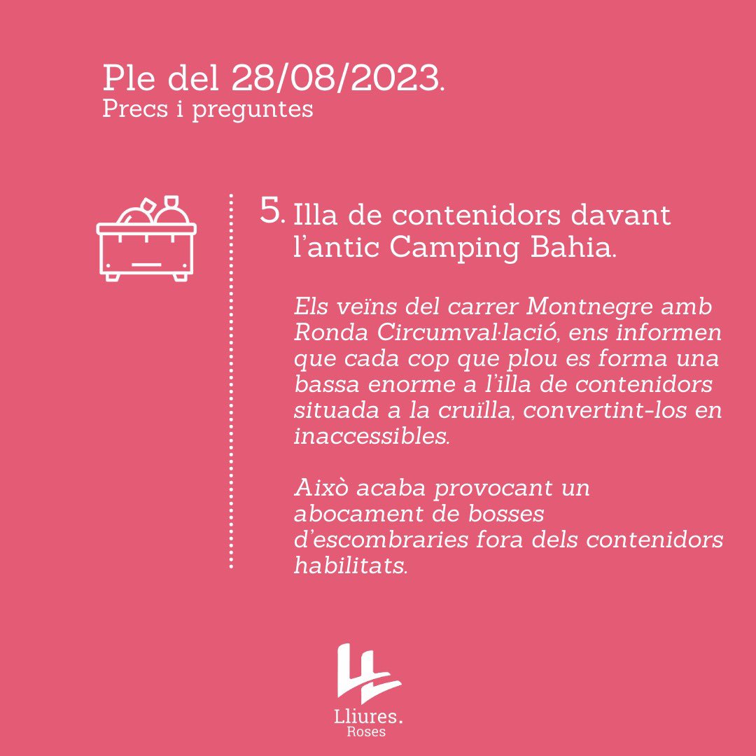 LliuresRoses's tweet photo. ℹ️ Ple del 28/08/2023

Compartim amb vosaltres els precs i preguntes que vam fer arribar el dilluns al govern, en el ple celebrat a l'Ajuntament. Es tracta de qüestions que preocupen als rosincs, temes que vosaltres mateixos ens heu fet arribar. 

@PGotanegra 
@IGascon85 https://t.co/IvRMEFGf2Z