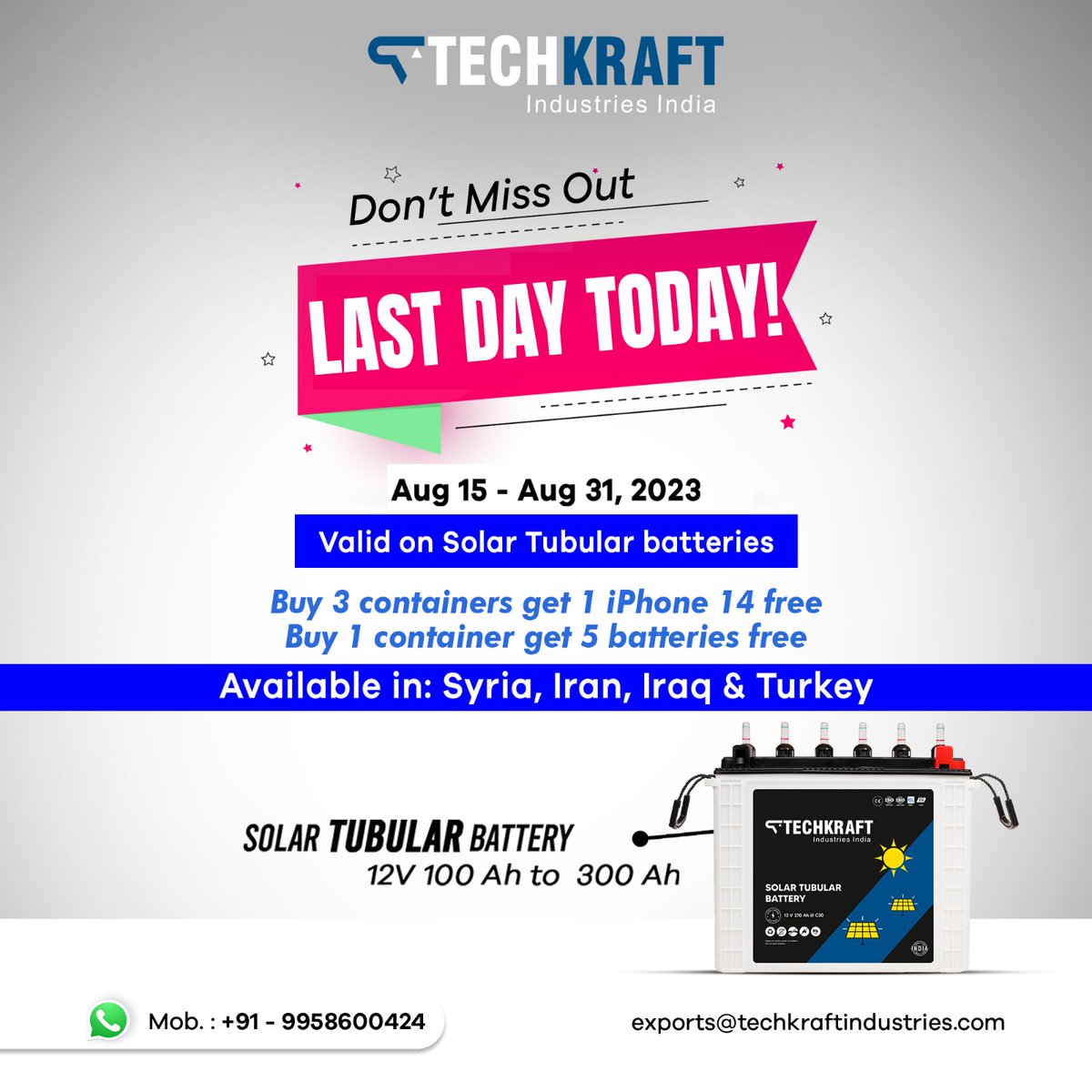 Last Call! Place your order now! -Receive a complimentary iPhone 14 with the purchase of 3 full containers of #solartubularbatteries. -Get 5 extra batteries for free when you buy a full container of solar tubular batteries . . #techkraftbatteries #Battery #batterypower #uaesolar