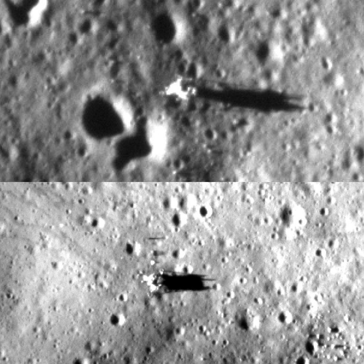 jordnat_'s tweet photo. Preuve que l’Homme a bien été sur la #Lune ! La sonde indienne Chandrayaan 2 a photographié en 2022, les modules Apollo 11 (en haut) et Apollo 12 (en bas), basés sur la Lune. #espace #sondespatiale #nasa #Chandrayaan3Mission #Chandrayaan2 https://t.co/iUvcVvwv4r